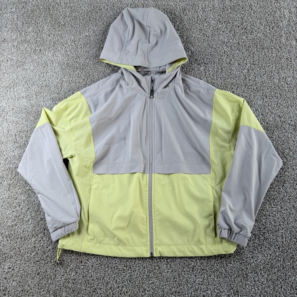 Calvin Klein Performance Jacket Womens Small Gray Yellow Hooded Full Zip